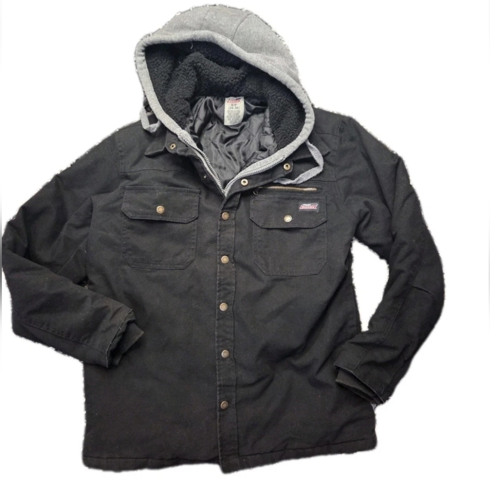 Dickies Vintage Black Distressed Hooded Zip Front Duck Work Jacket Mens Size S